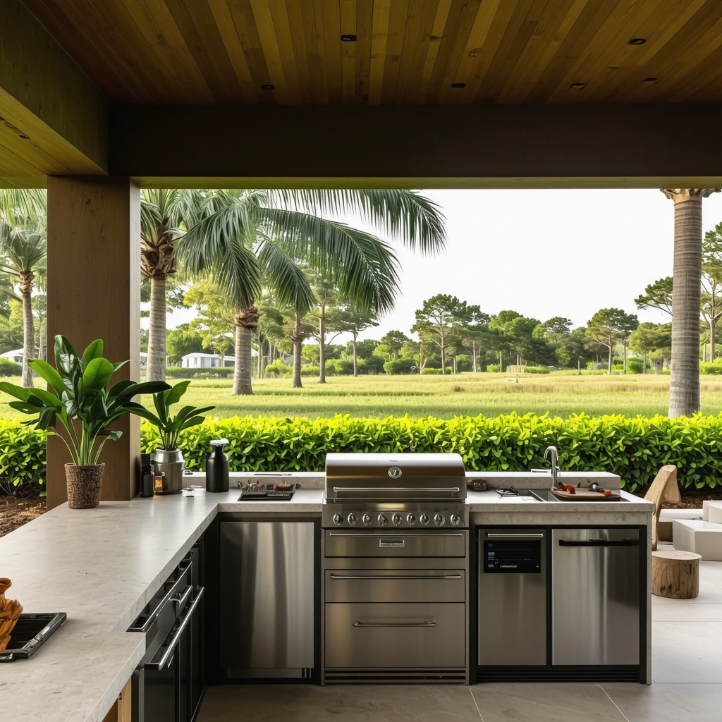 Modern outdoor kitchen with composite cabinetry, stainless steel appliances, and coastal decor in Tampa