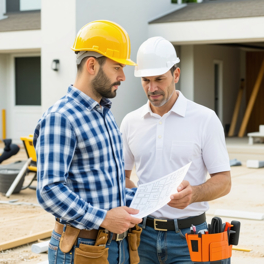 Contractor and homeowner planning Tampa home renovation with blueprints and tools