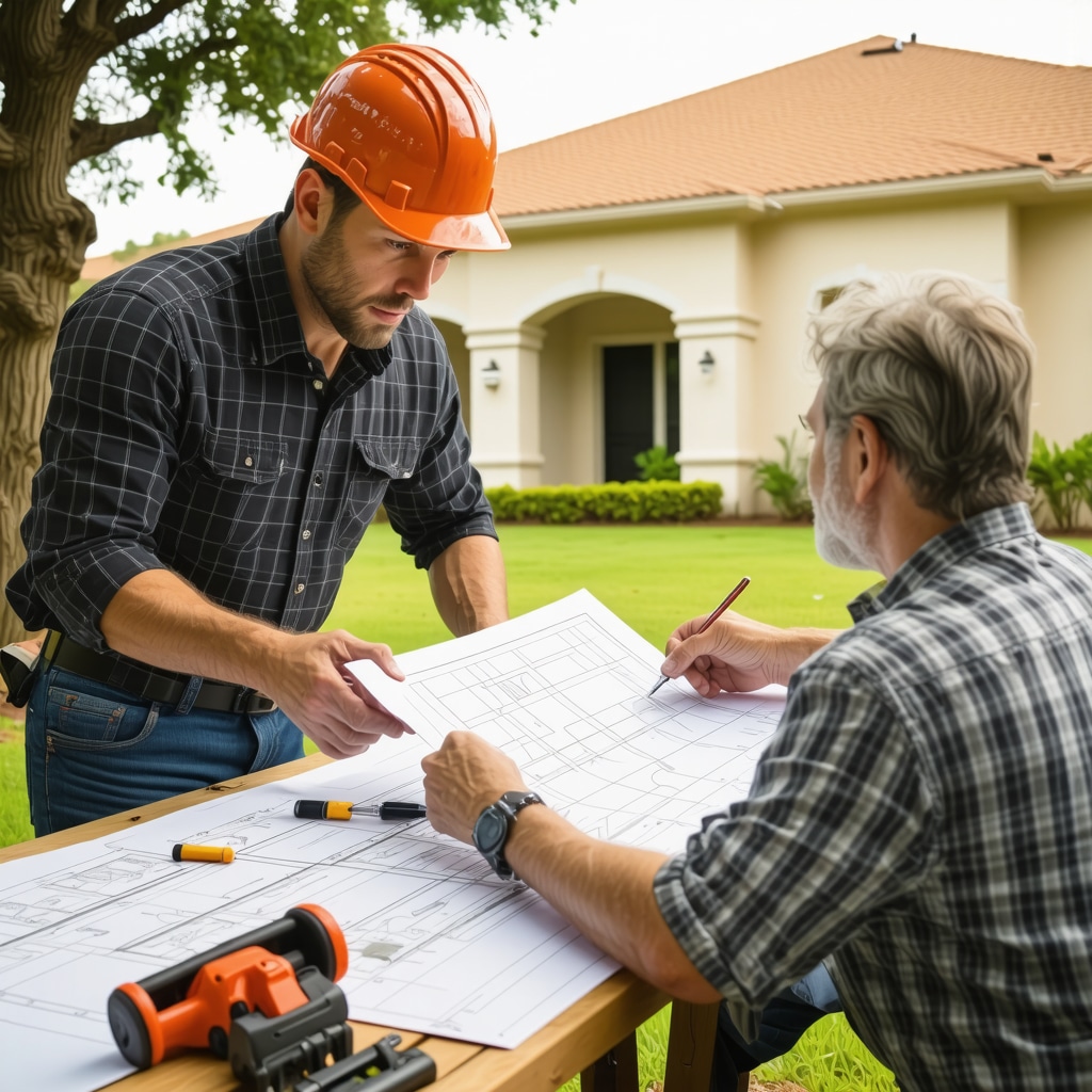 Contractor discussing project plans with homeowner at Tampa renovation site.