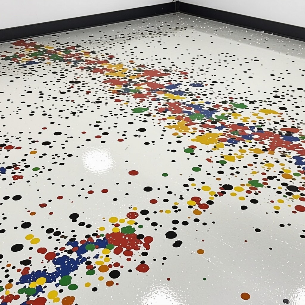 Close-up of a vibrant, textured epoxy garage floor with embedded flakes, showcasing customization options.