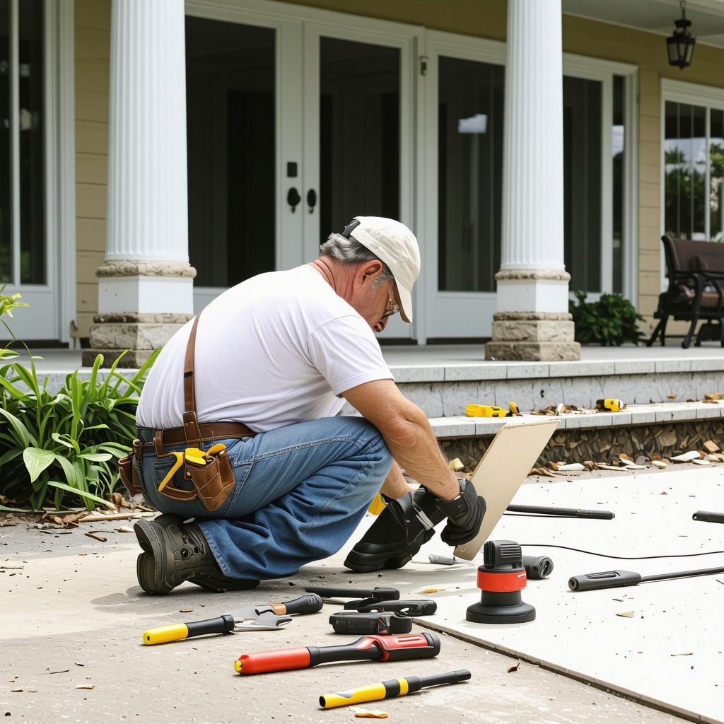 Contractor examining foundation of a Tampa heritage home with detailed tools.