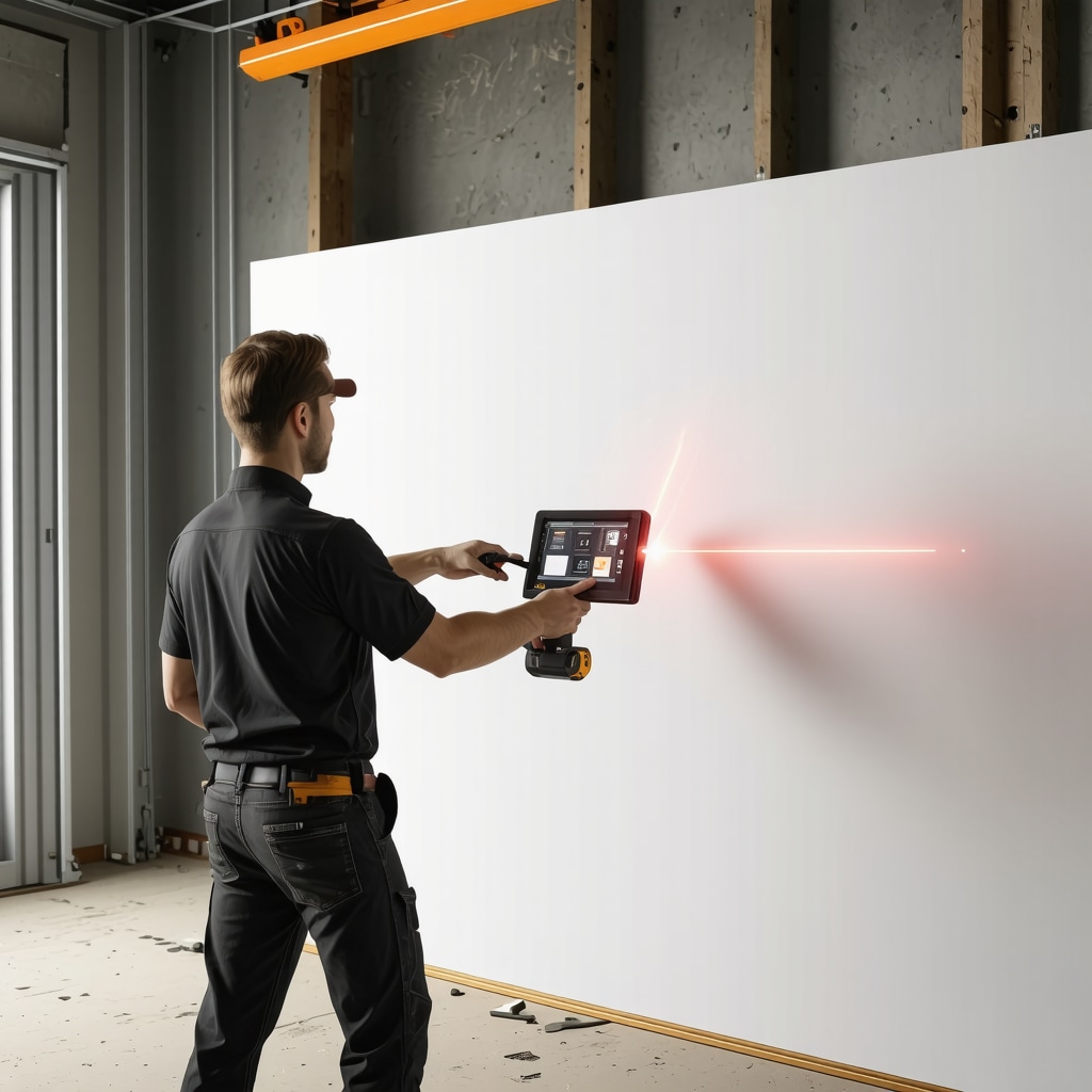 High-tech drywall installation tools with laser guides and 3D modeling screens
