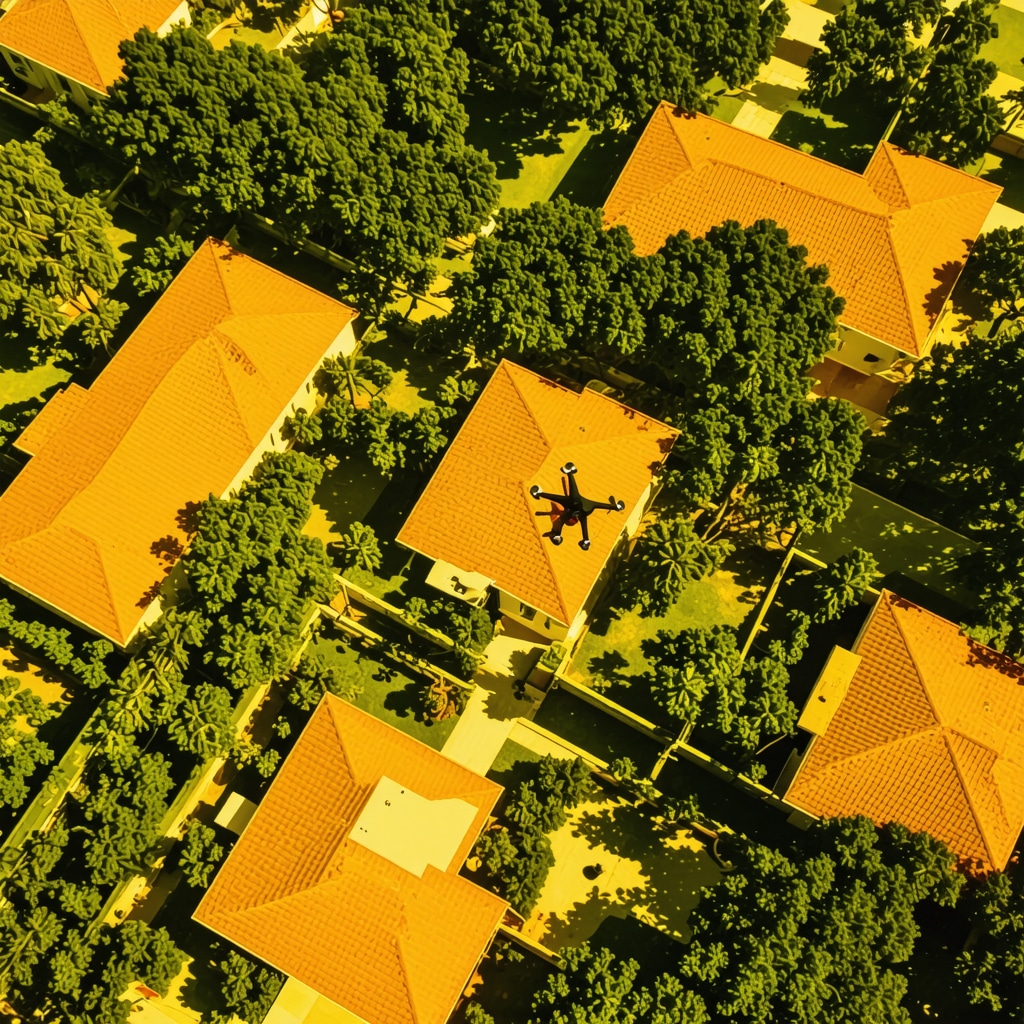 Drone flying over Tampa homes with thermal imaging highlighting damage