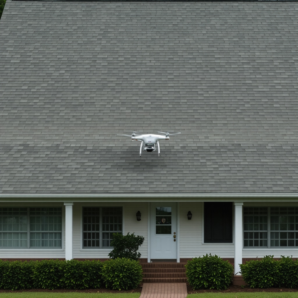 Drone capturing detailed images of residential siding and soffit for assessment in Wiregrass FL.