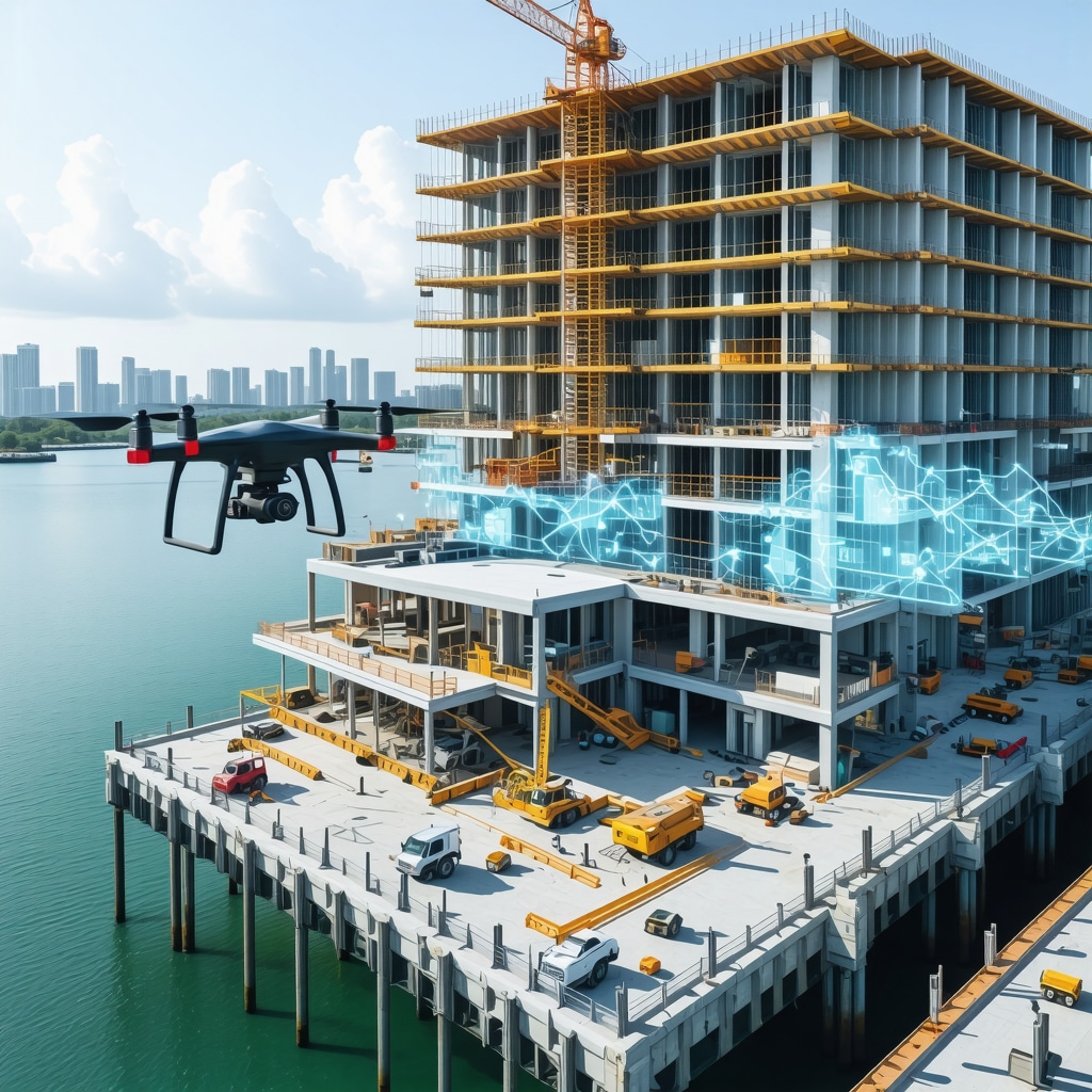 Drone surveying Tampa coastal construction site with digital analytics and smart home technology icons