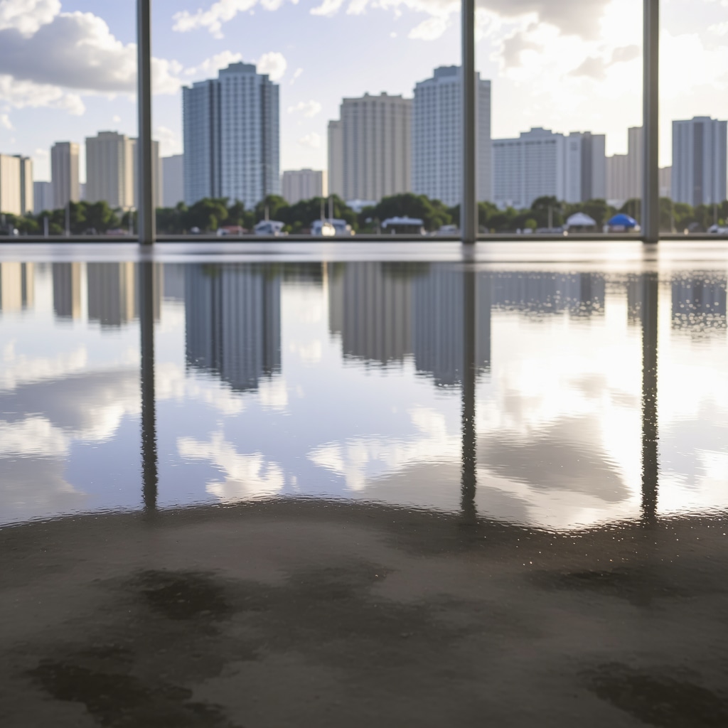 Close-up of a glossy epoxy coated garage floor in Tampa with city skyline background