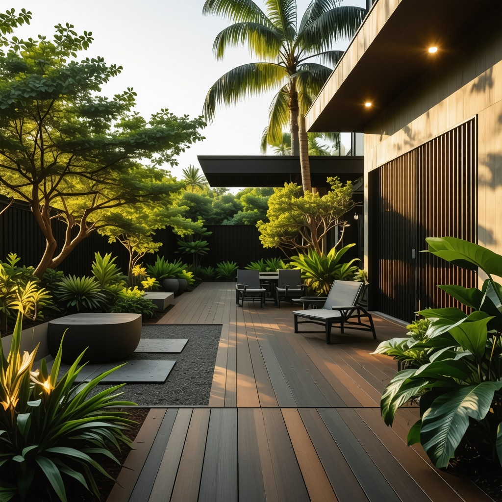 Tampa backyard featuring recycled composite decking and solar lighting for eco-conscious outdoor living.