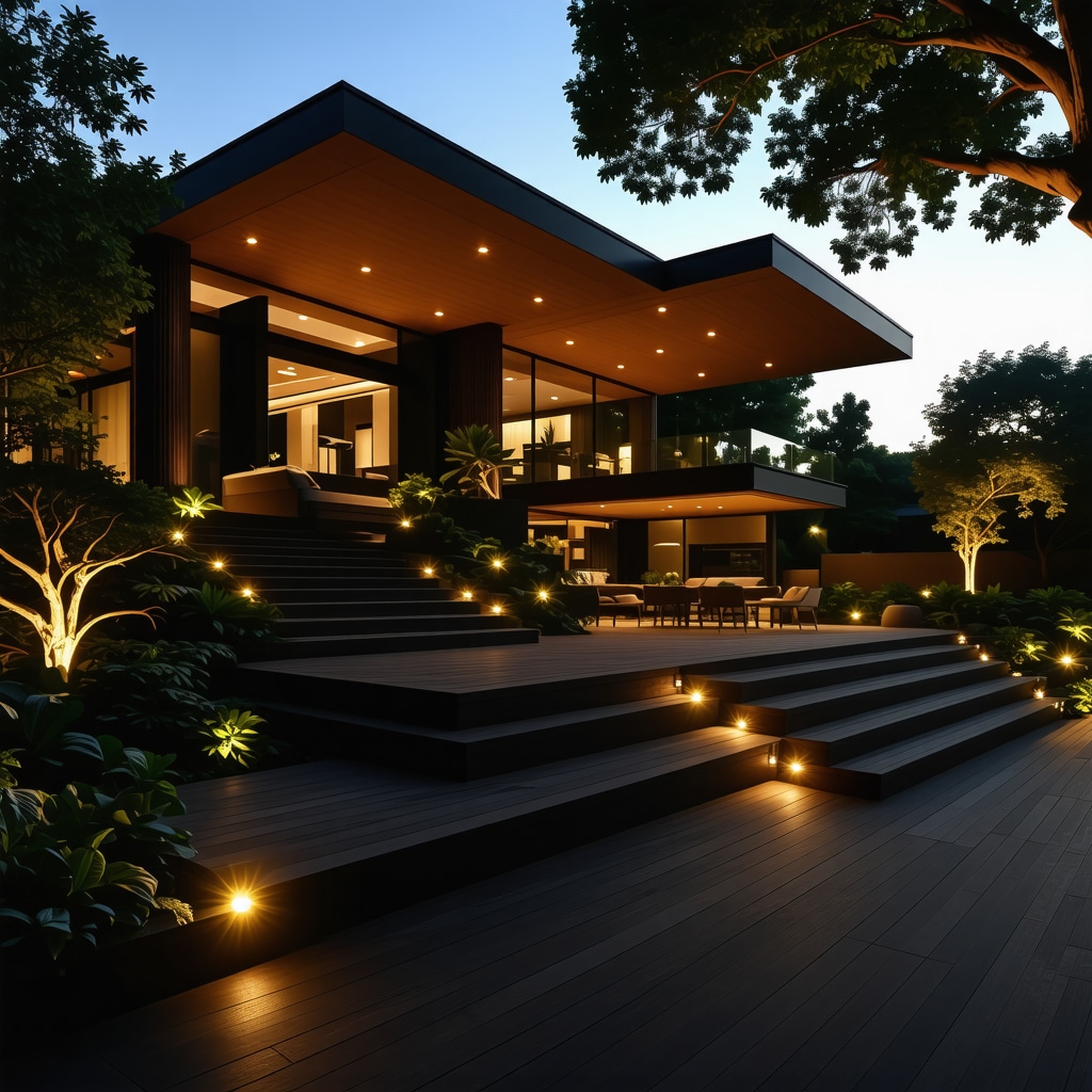 A luxurious custom deck featuring innovative materials, integrated lighting, and multi-level design in a lush backyard