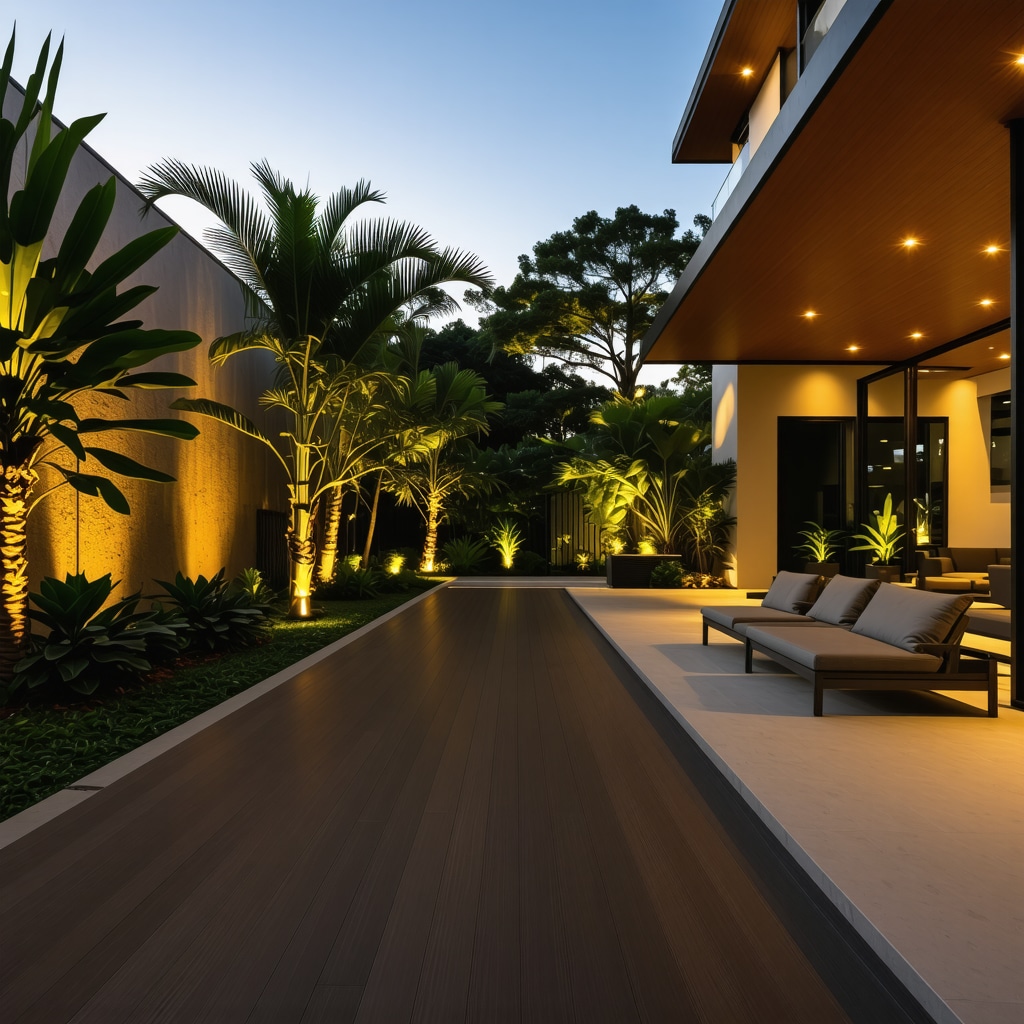 Beautiful Tampa backyard with composite decking and ambient lighting