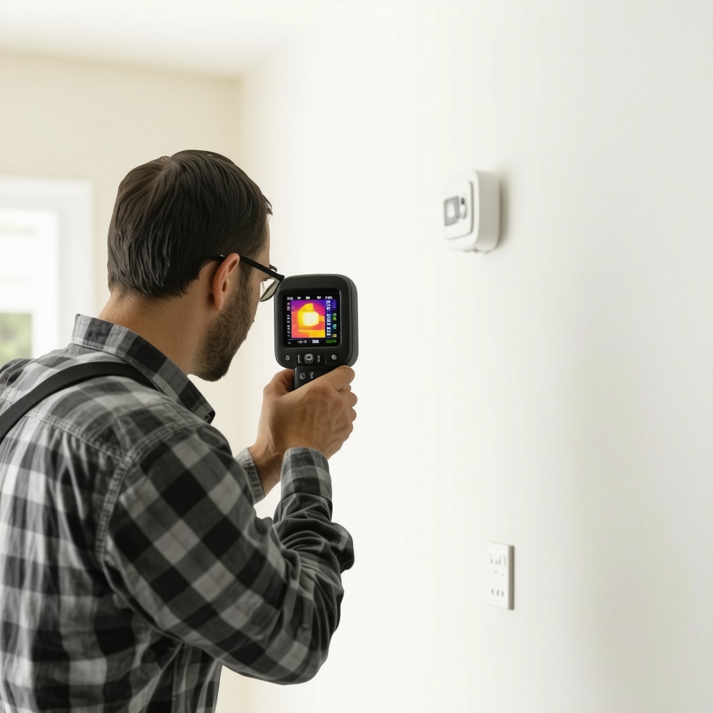 Contractor inspecting Tampa home wall with thermal imaging camera and smart sensors for water damage detection