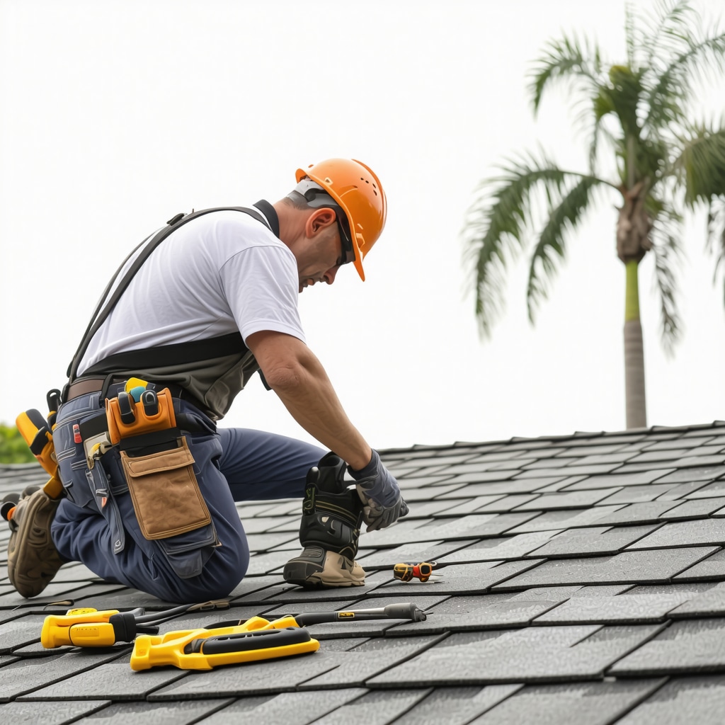 Contractor inspecting roof for emergency repairs in Tampa