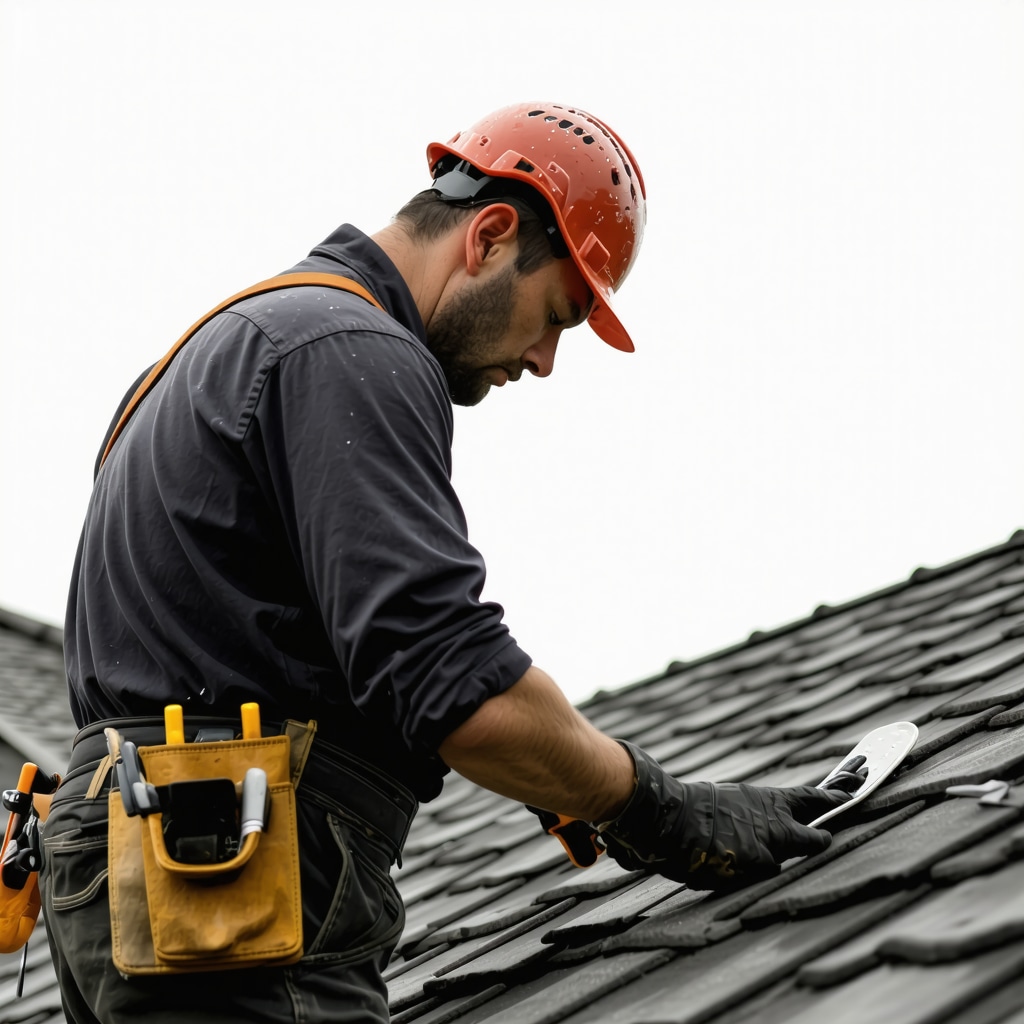 Tampa contractor inspecting roof during storm for quality and compliance.