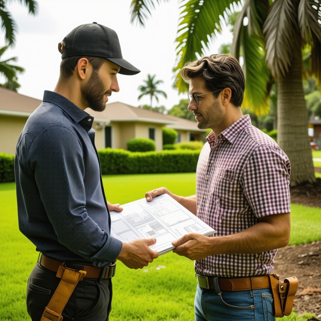 Contractor and homeowner discussing home renovation plans in Tampa neighborhood