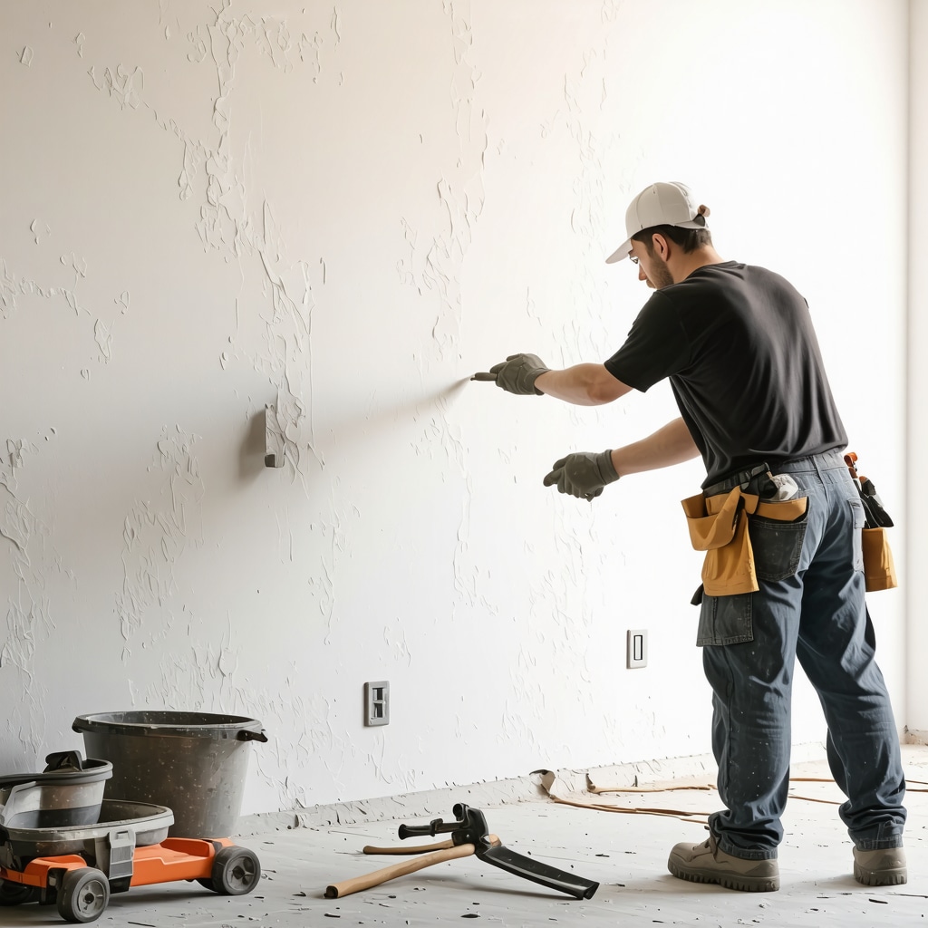 Drywall contractor applying finishing compound smoothly on interior wall in Tampa home