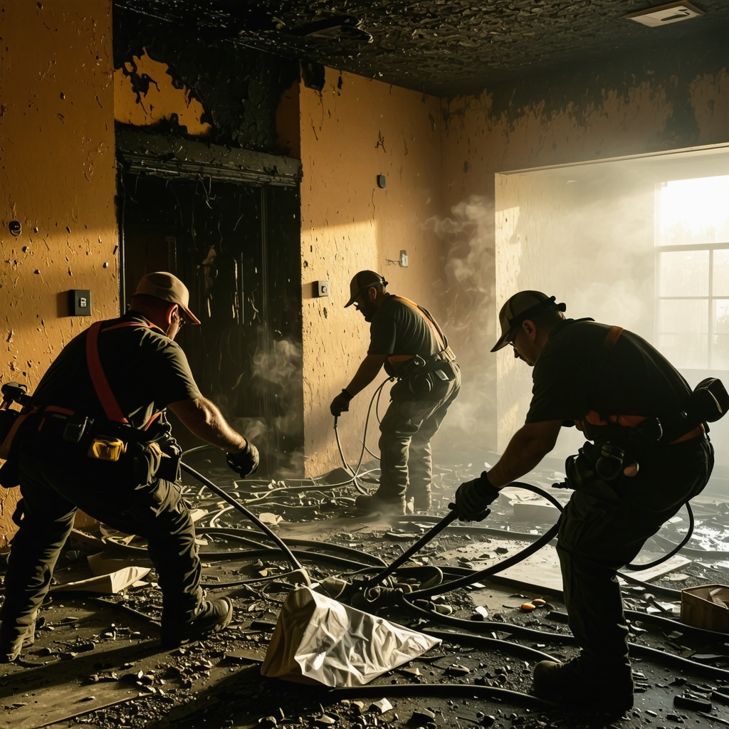 Restoration team repairing a Tampa home after fire damage with advanced tools.
