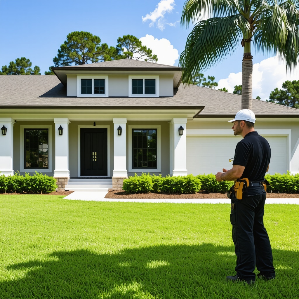 Contractor inspecting a Tampa home's exterior with modern upgrades and lush landscaping.