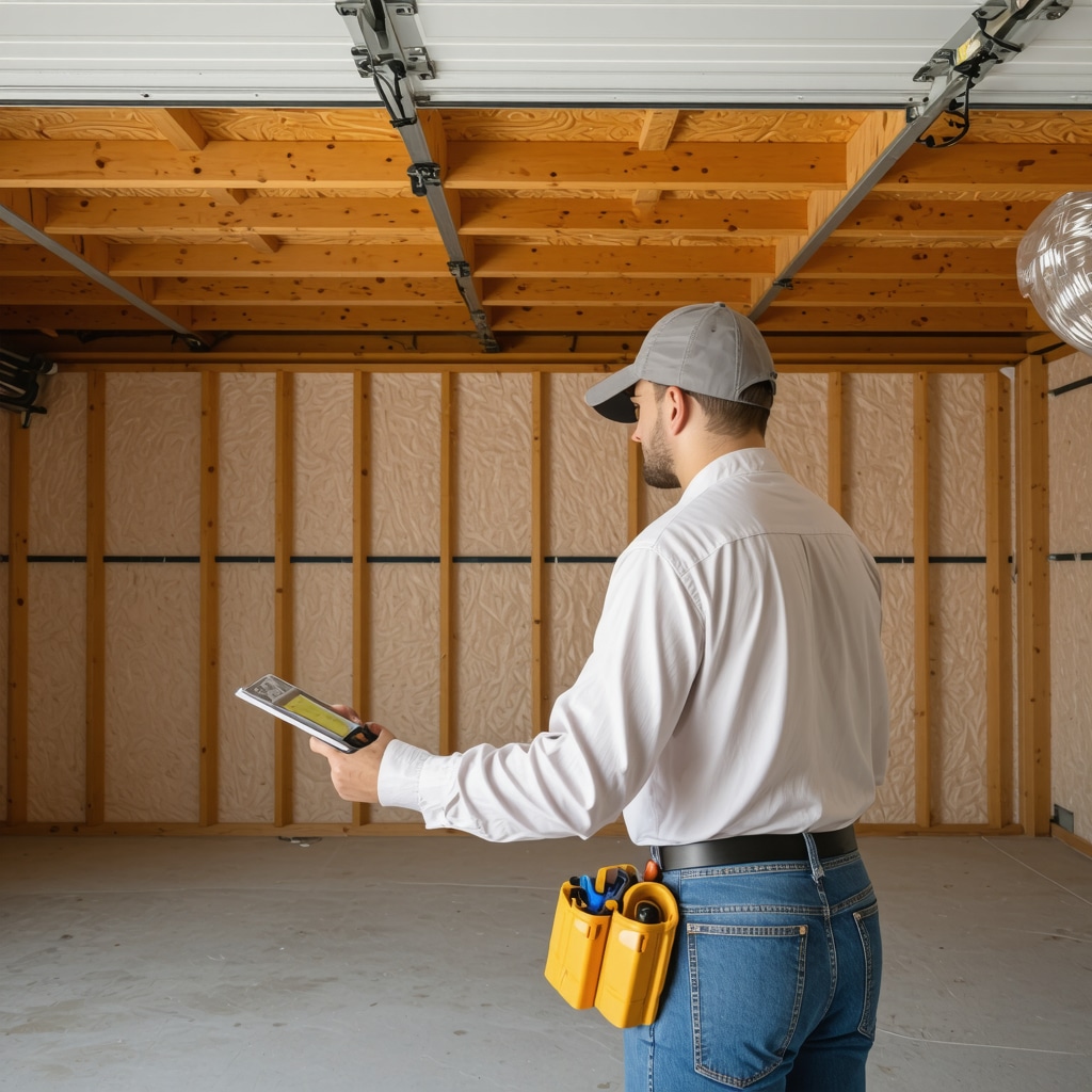 Contractor inspecting garage insulation and moisture barriers in Tampa