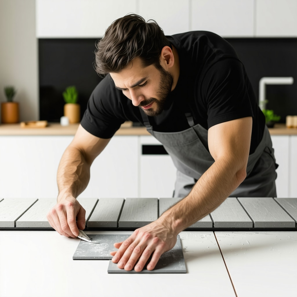 A skilled contractor carefully aligning tiles during a kitchen backsplash installation.