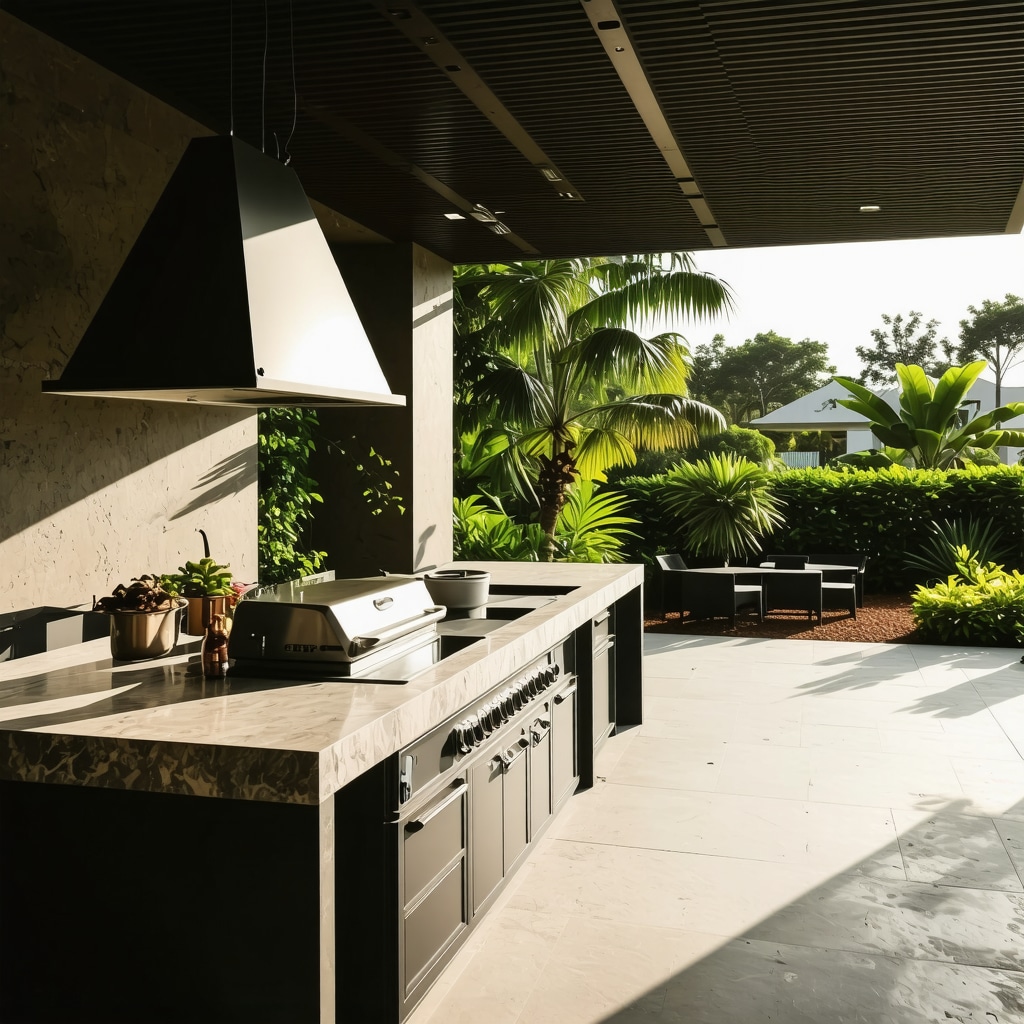 Contemporary outdoor kitchen in Tampa with weather-resistant materials, smart appliances, and scenic backdrop