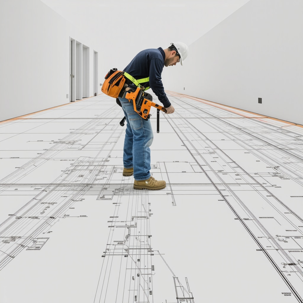 Flooring professional performing laser scanning on residential subfloor with BIM models displayed on screen