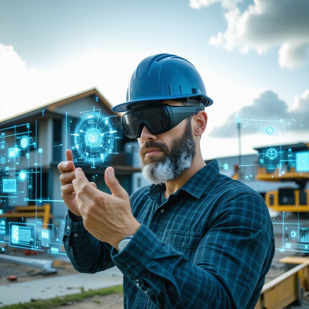 General contractor using augmented reality and AI predictive analytics on a Tampa Bay construction site featuring hurricane-resistant smart home elements