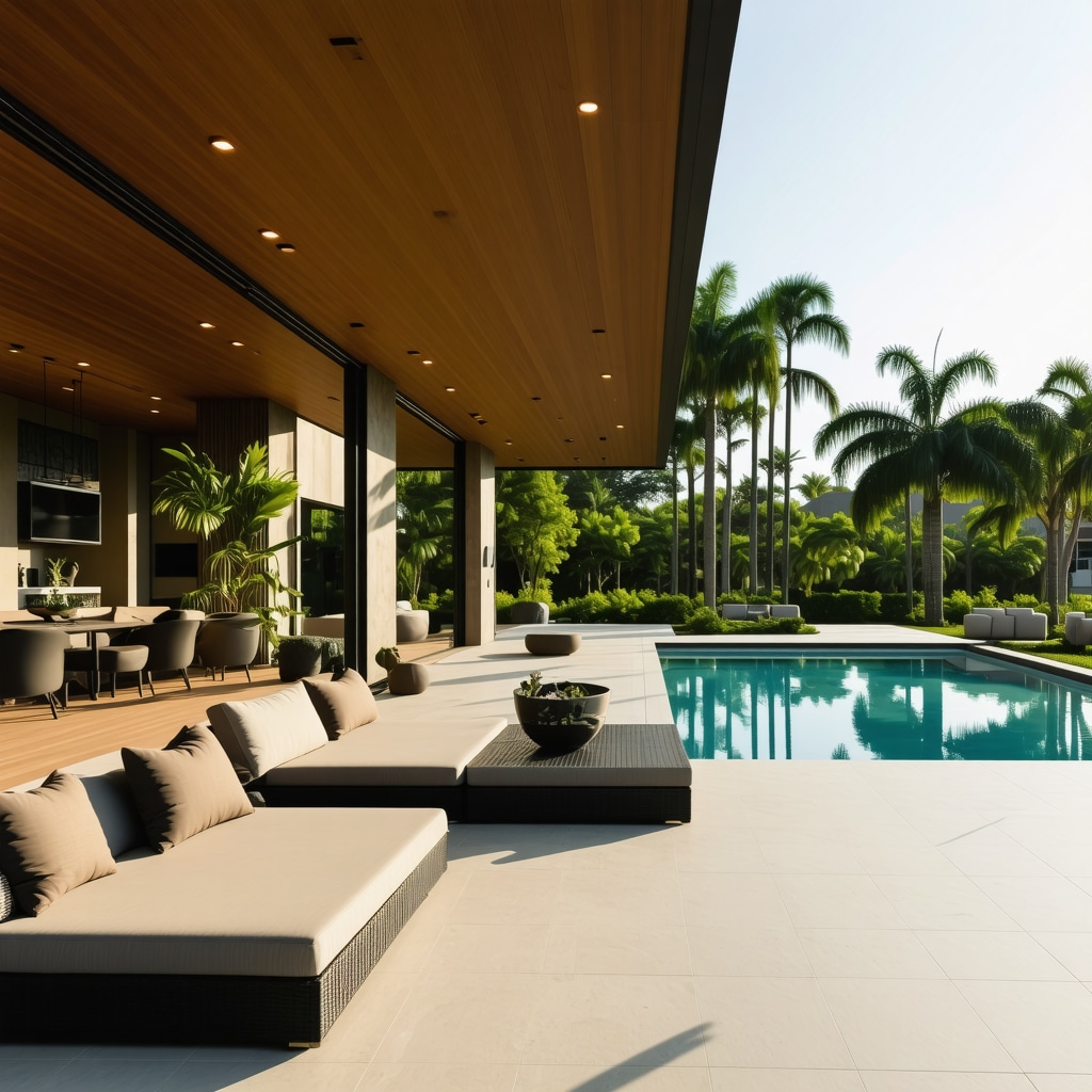 Modern Tampa luxury home exterior with outdoor living area and smart interior features.