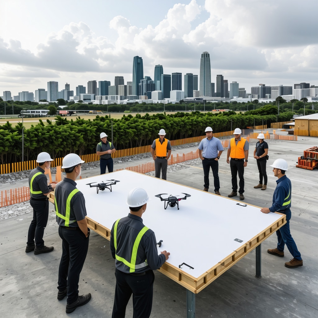 Construction professionals using drones and BIM technology on a Tampa renovation site.