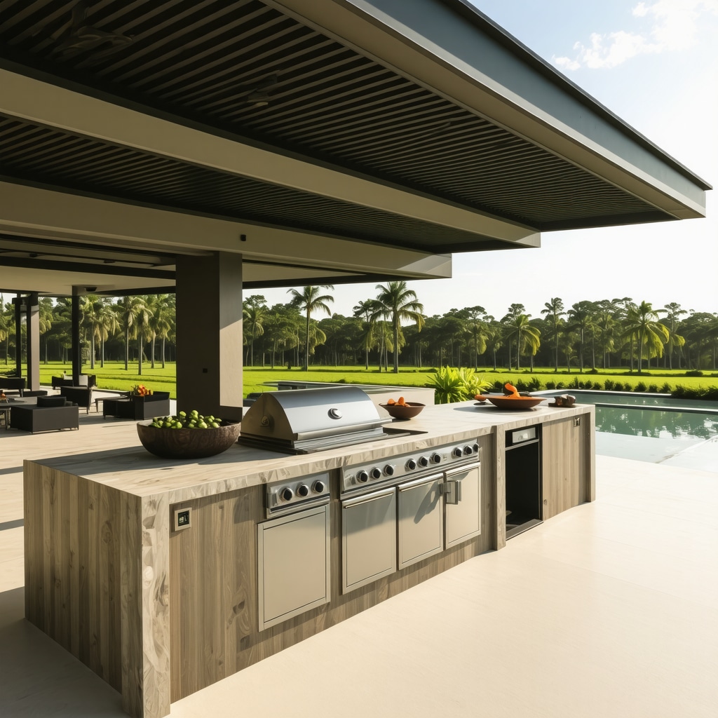 Modern outdoor kitchen in Tampa with solar panels, modular units, and hurricane-resistant retractable roof