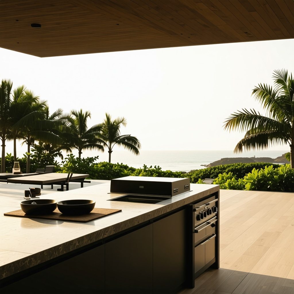 Modern outdoor kitchen with weatherproof surfaces and smart tech in Tampa