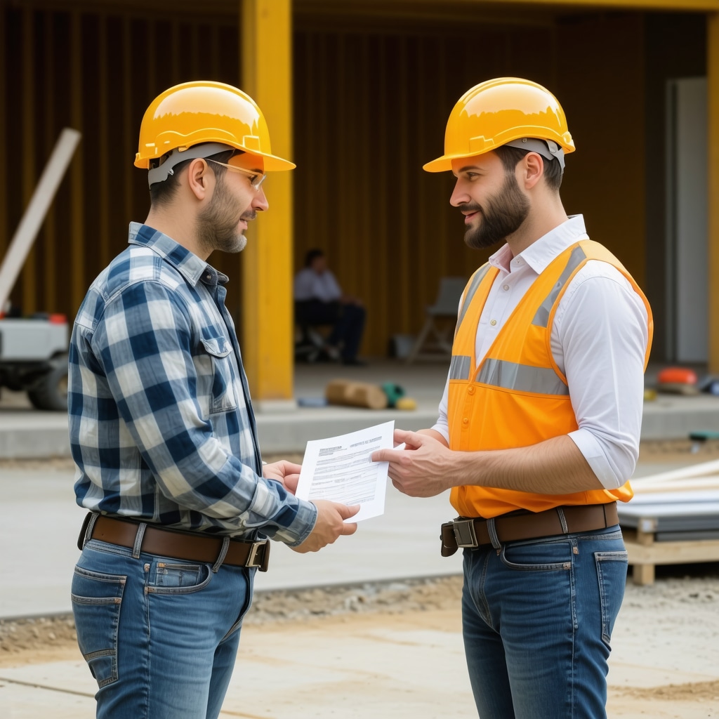 A homeowner reviewing contract terms with a contractor at a Tampa construction site.