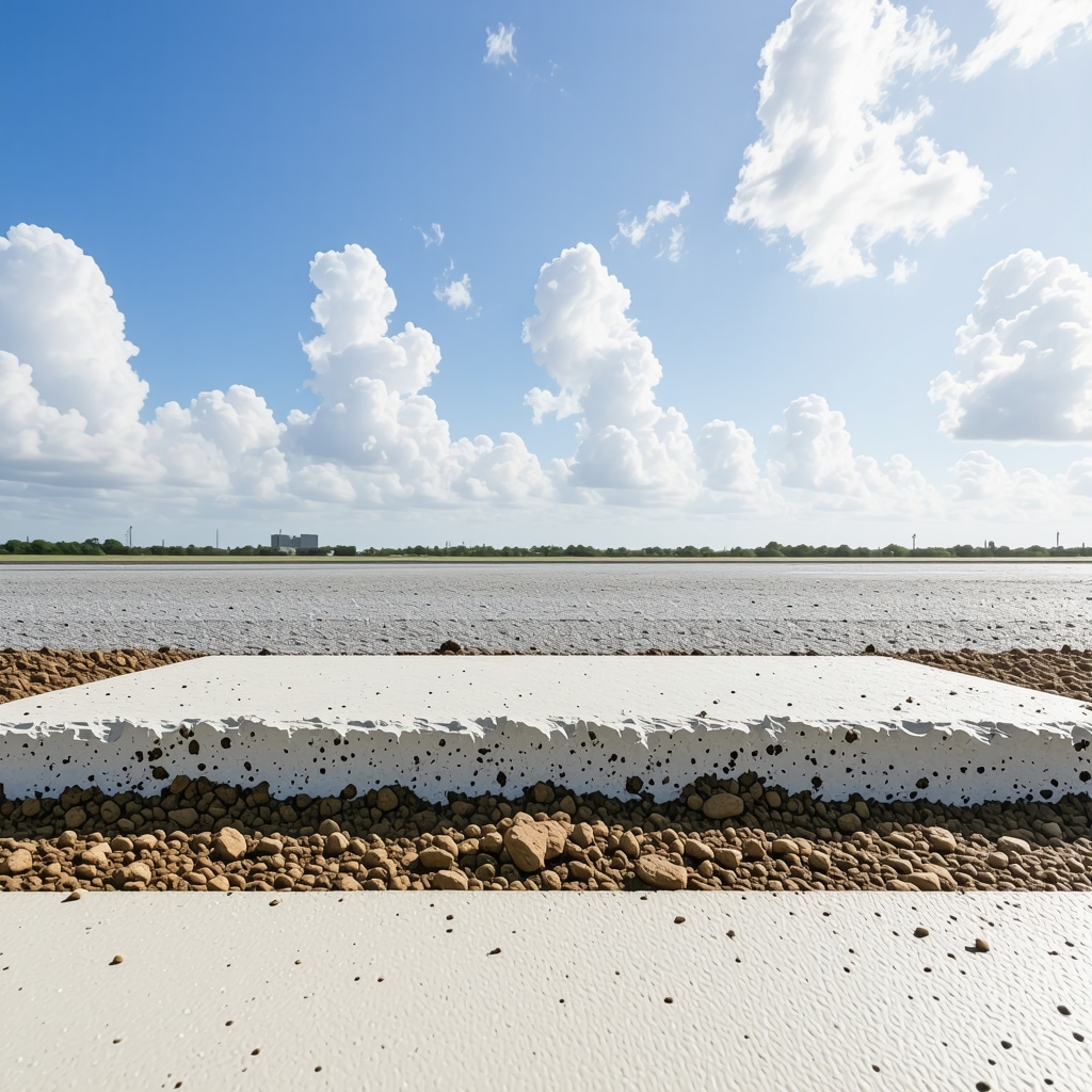 Cross-section illustration of a concrete slab foundation with geotextile fabric, lime stabilization, and moisture sensors in Tampa environment