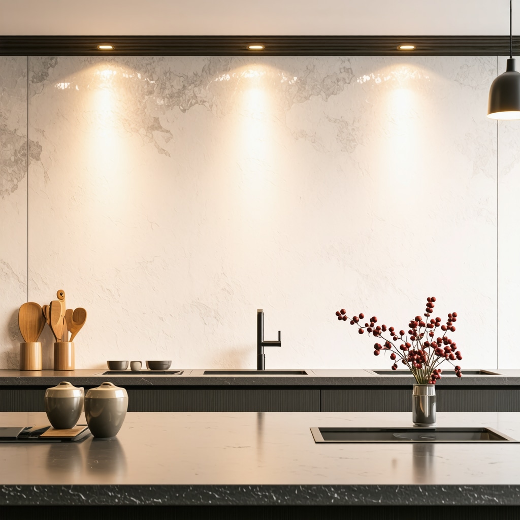 Modern kitchen in New Tampa featuring layered lighting design and smart surfaces with acoustic treatment