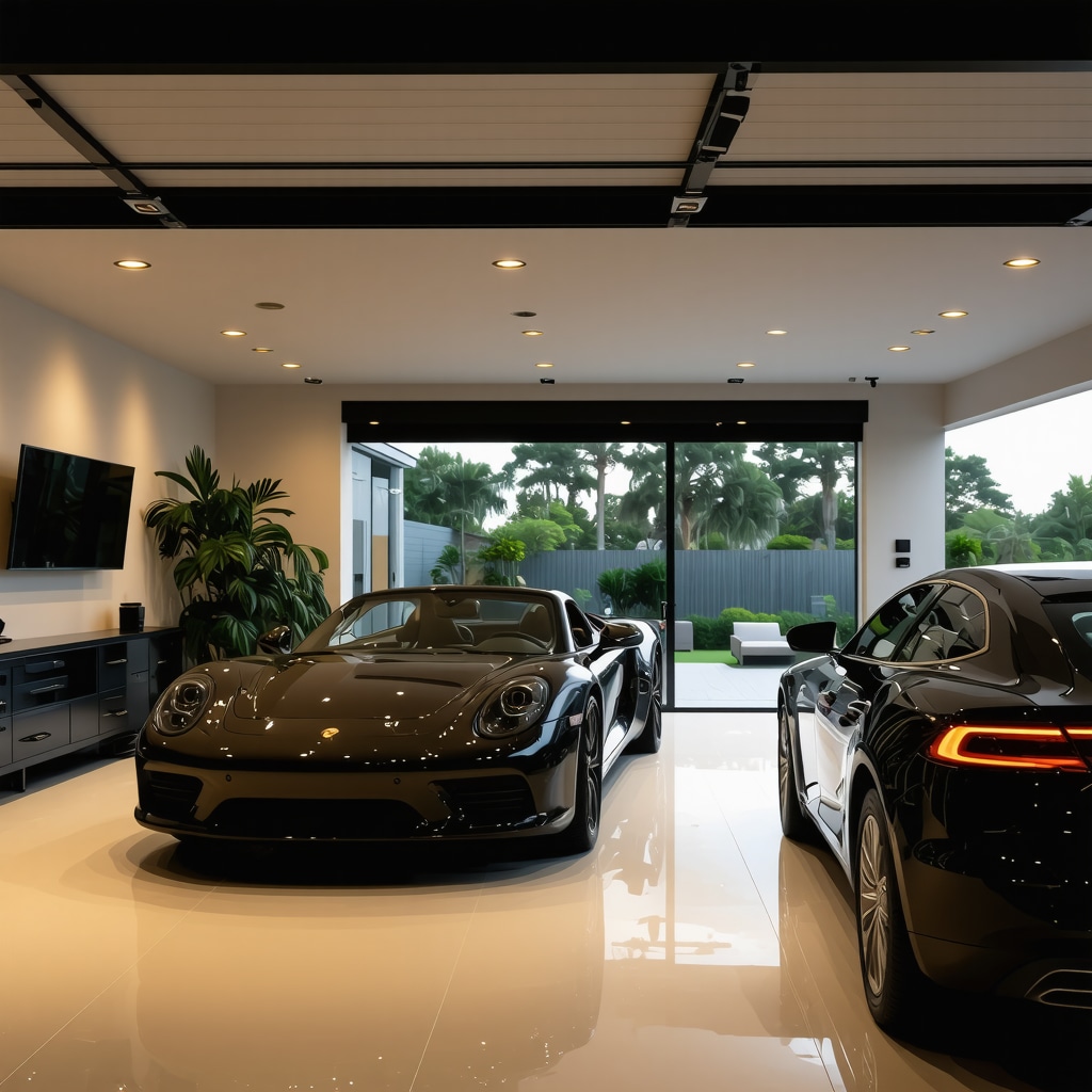 Modern Tampa garage remodel featuring smart home systems, retractable partitions, and hurricane-resistant construction materials