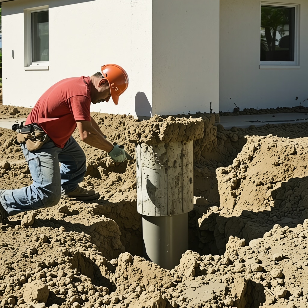 Licensed contractor installing helical piers beneath a Tampa home's foundation in sandy clay soil environment