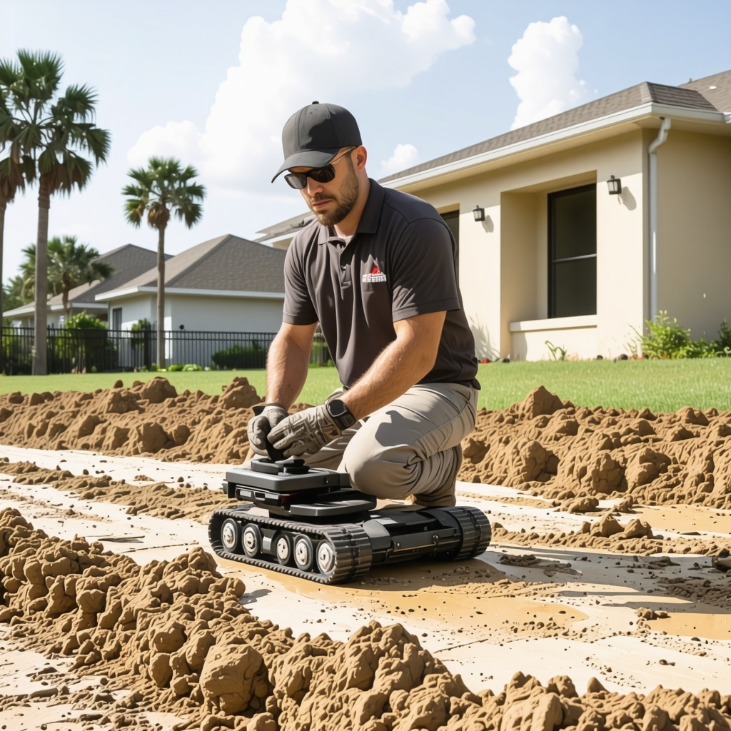 Licensed foundation contractor performing high-tech foundation assessment in Tampa home with clay soil and drainage