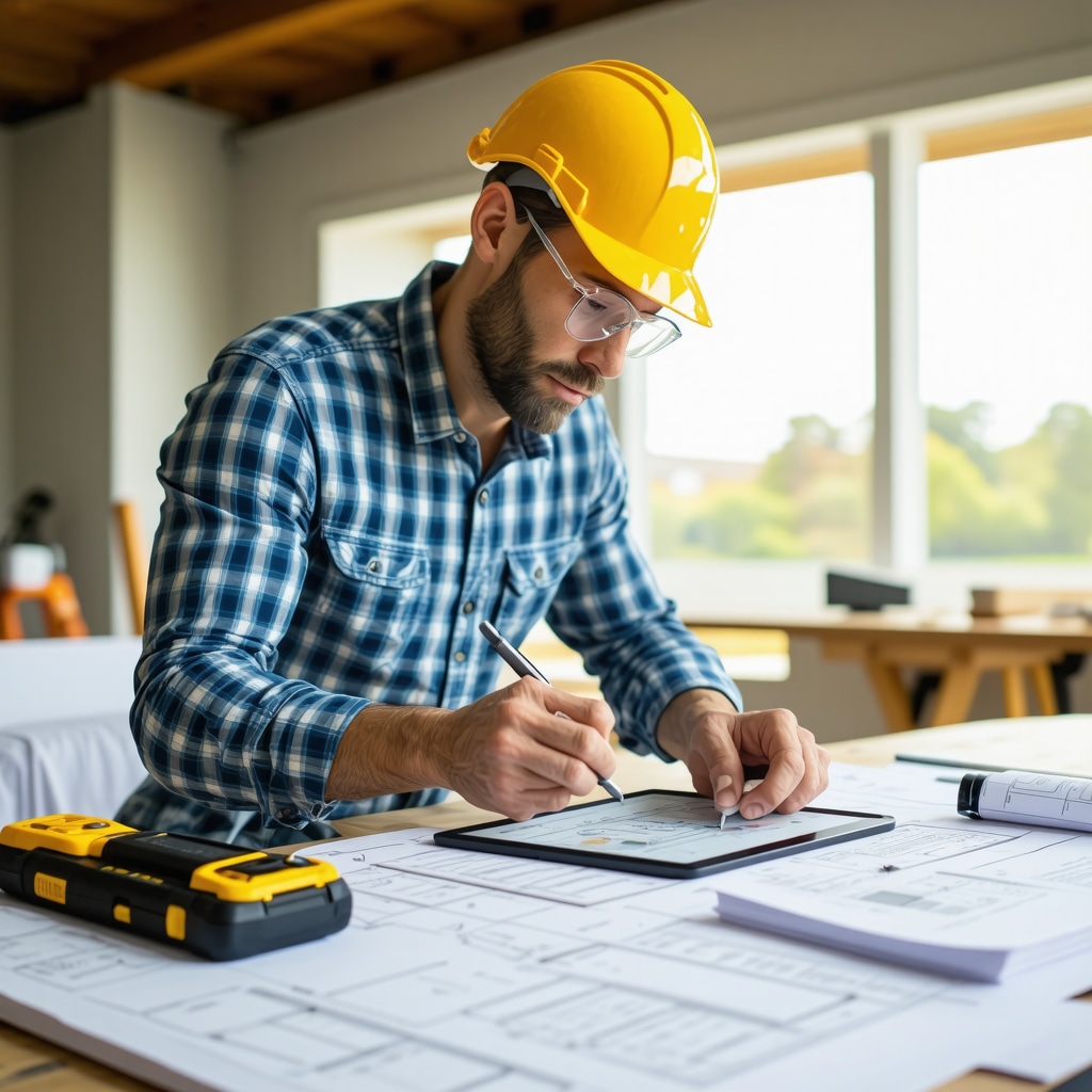 General contractor using tablet for project management surrounded by blueprints and construction materials in Tampa home