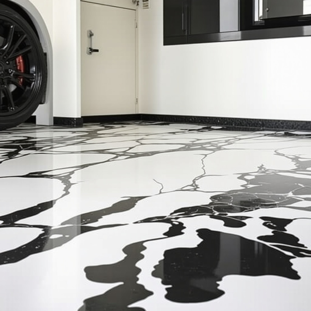 Close-up of a metallic epoxy garage floor with marble-like finish