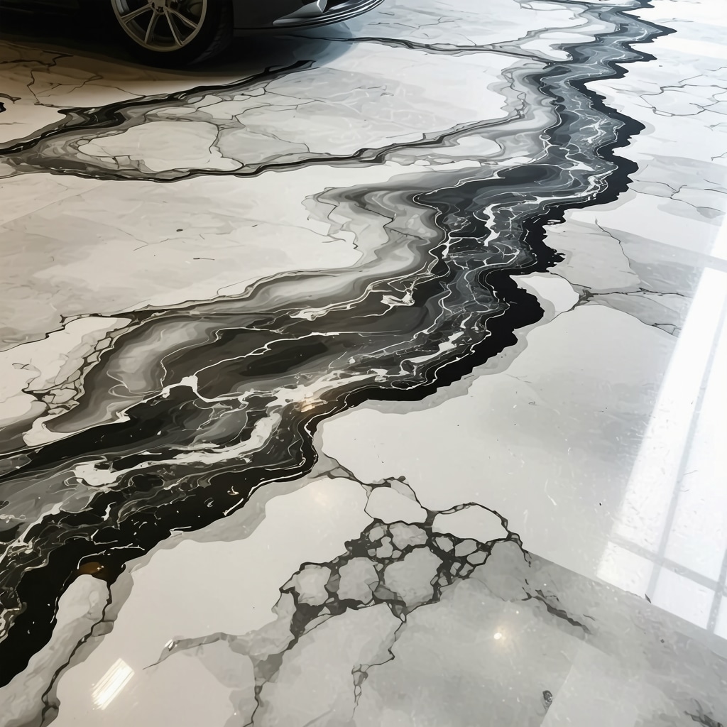 Close-up of a metallic epoxy floor with marble-like finish showcasing modern design.
