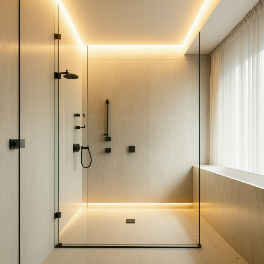 Elegant bathroom featuring a walk-in shower, smart lighting, and natural decor elements