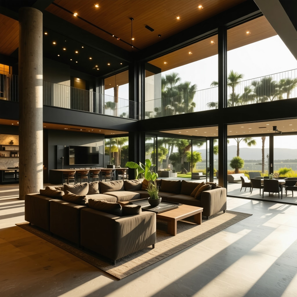 Luxury Tampa home interior showcasing smart lighting, energy-efficient windows, and advanced engineered surfaces blending historic charm with modern technology