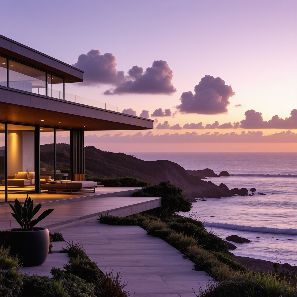 A contemporary beachfront house showcasing advanced materials and storm-resistant features with ocean view at sunset
