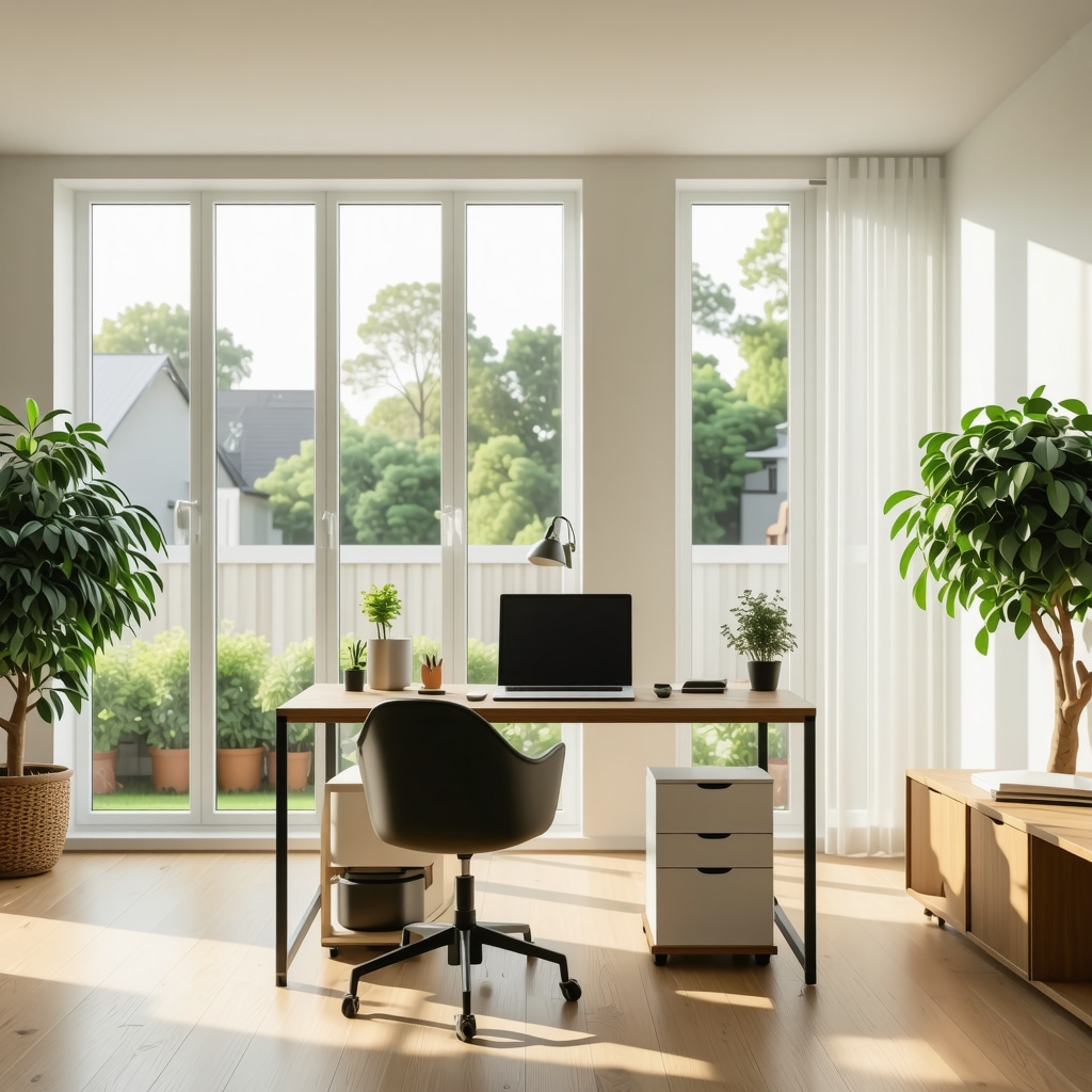 Bright home office space with large windows and contemporary furnishings.