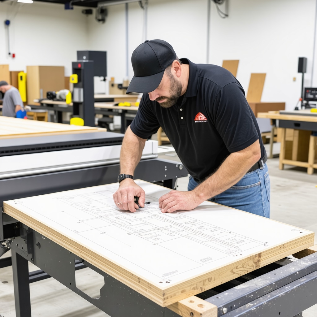 Carpenter using CNC router guided by BIM digital plans in Tampa workshop