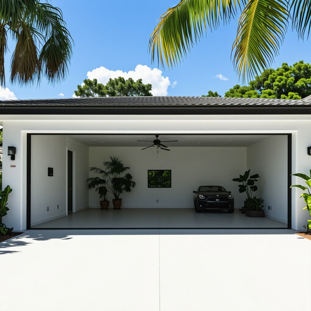 Stylish garage conversion showcasing fiber cement walls, spray foam insulation, vinyl plank flooring, and smart home technology in sunny Tampa