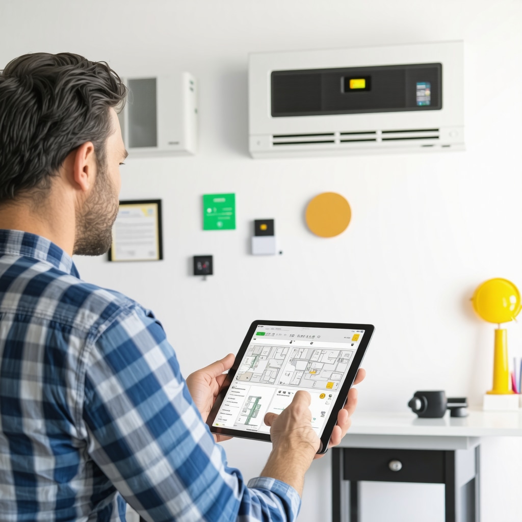 Interior of a modern garage conversion with smart HVAC system and eco-friendly materials, contractor and homeowner discussing plans on a tablet