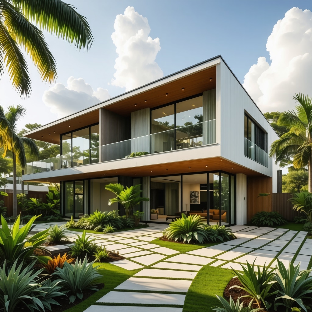 Contemporary Tampa home addition showcasing hurricane-resistant windows, smart lighting, and native plant landscaping
