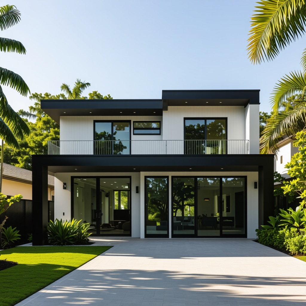 Tampa home with advanced room addition showcasing fiber cement siding, reflective roofing, and smart home integration in sunny Florida environment