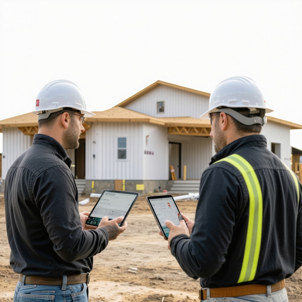 Modular construction site near Westchase with contractors using AI-powered digital tools