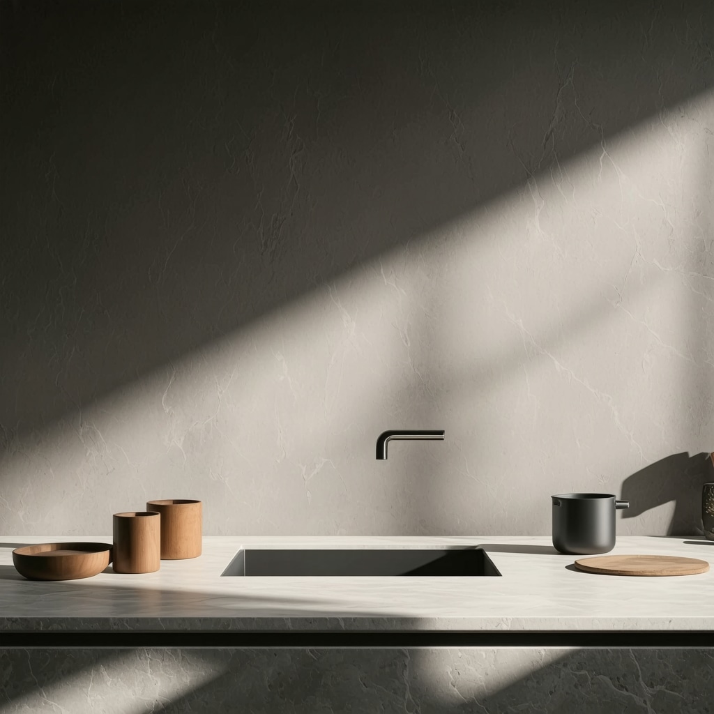 Close-up of a kitchen countertop featuring antimicrobial nanocoatings and eco-friendly bio-based material samples