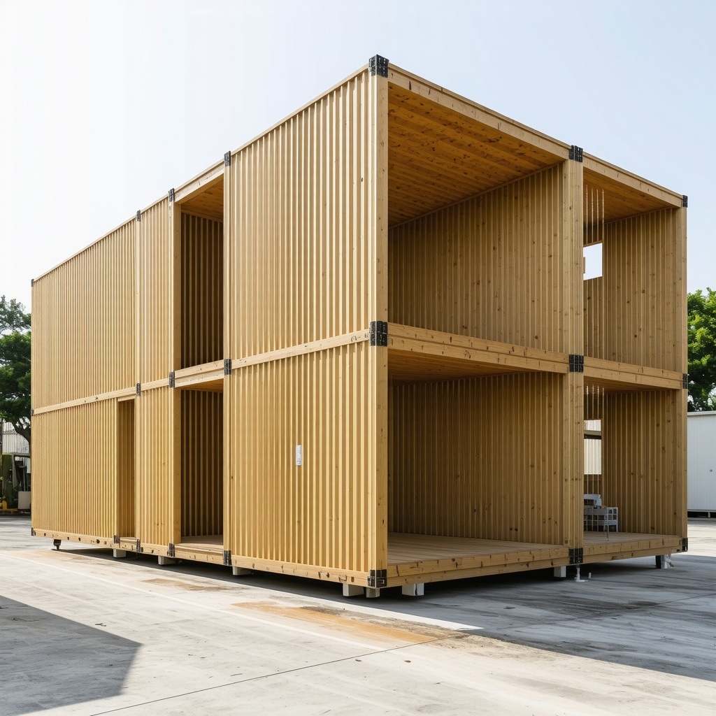Construction workers assembling prefabricated wooden modules on site